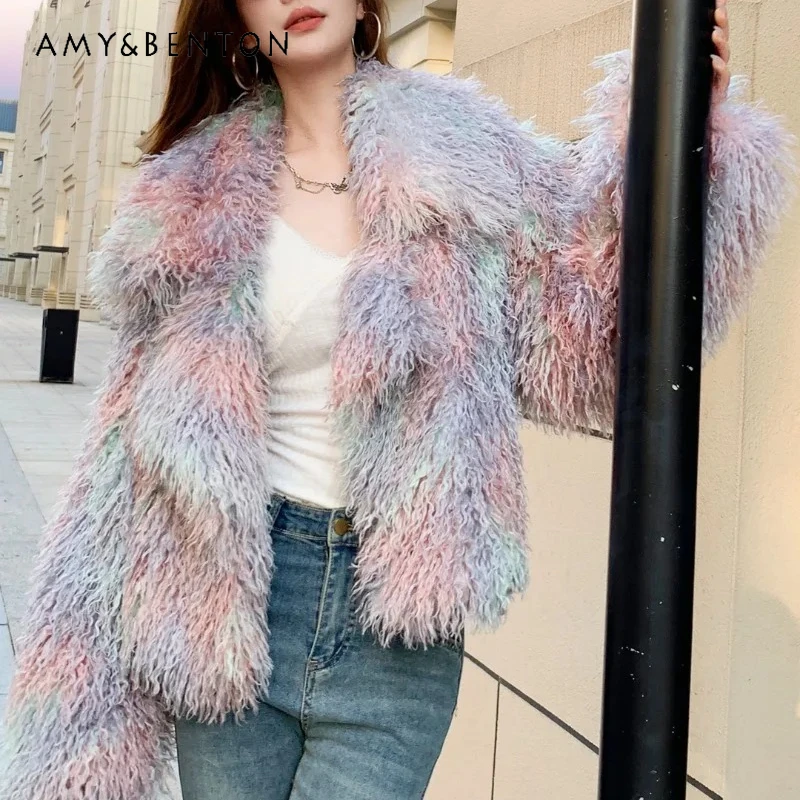 الشتاء شعبية الوردي مصبوغ وأشار طوق فو الفراء معطف الصوف طويل بدلة قصيرة التلبيب معطف المرأة Y2k سترة صوفية مريحة #1