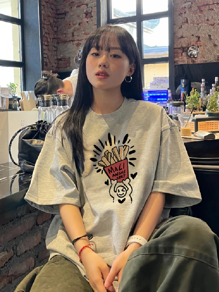 

Американская ретро-футболка из хлопка с коротким рукавом, свободного кроя, больших размеров, повседневный топ для женщин, с принтом, из вискозы и хлопка, с высокой талией