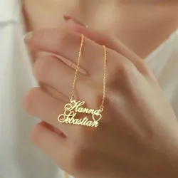 Personalized Double Name Stainless Steel Necklace Customized Jewelry Gift Gold Color Chain Heart Love Pendant for Women