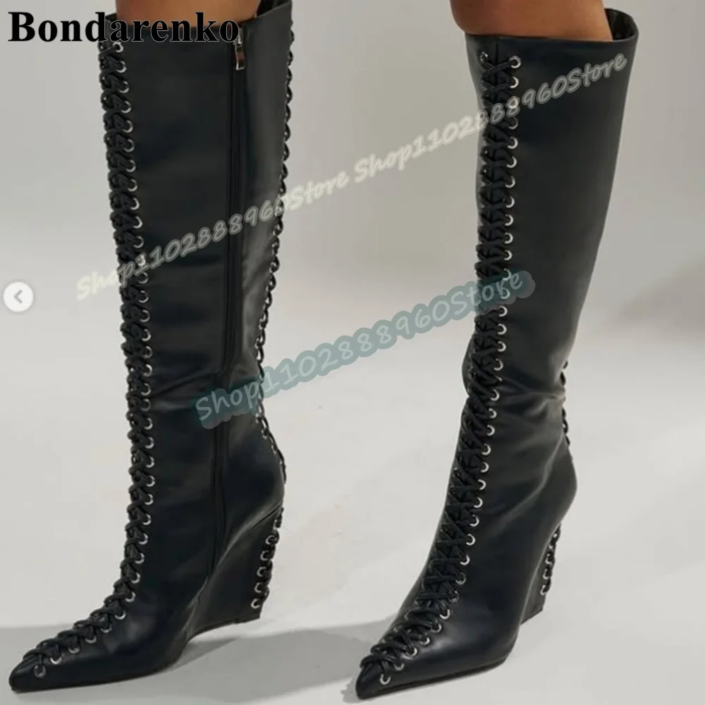 

Knee High Black Matte Leather Cross Tied Pointy Boots Wedges High Heel Women Shoes Side Zipper Pointed Toe Sexy Stylish Boots