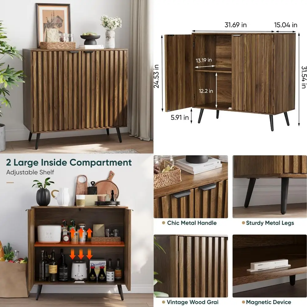 

Walnut Semi-Octagonal Buffet Cabinet with Fluted Door Storage and Metal Legs