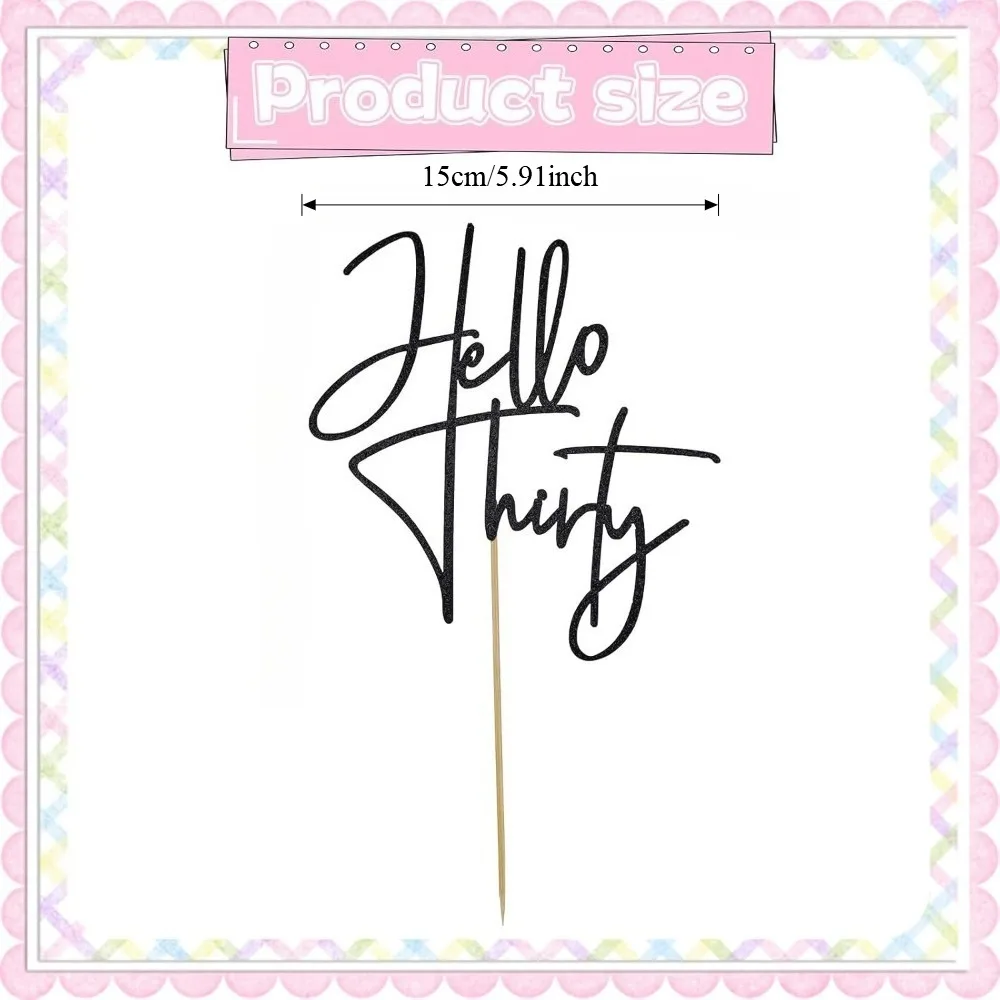 Schwarzer Hello Thirty Cake Topper – Elegante Kuchendekoration zum 30. Geburtstag, schwarzes Glitzer-Partyzubehör für Männer und Frauen – Detail 2