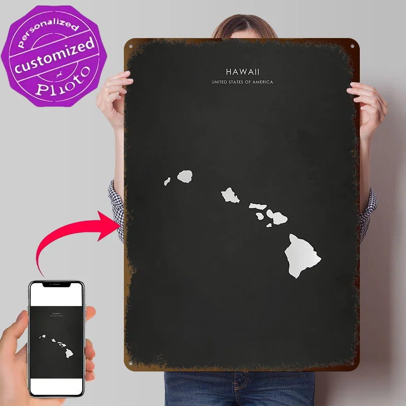 Silver Hawaii State Map 3D Texture Printed Poster Custom Vintage Metal Tin Plate Sign for Wall Art Home Decorations Decor Room