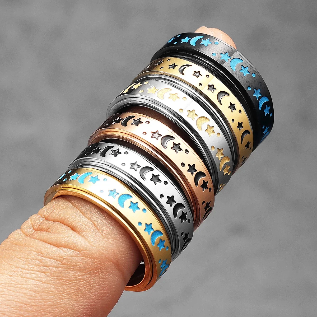 Starry Night Stars Moon Luminous Men Rings Stainless Steel Punk Luxury New In Women Jewelry Fashion Accessories Gift Wholesale