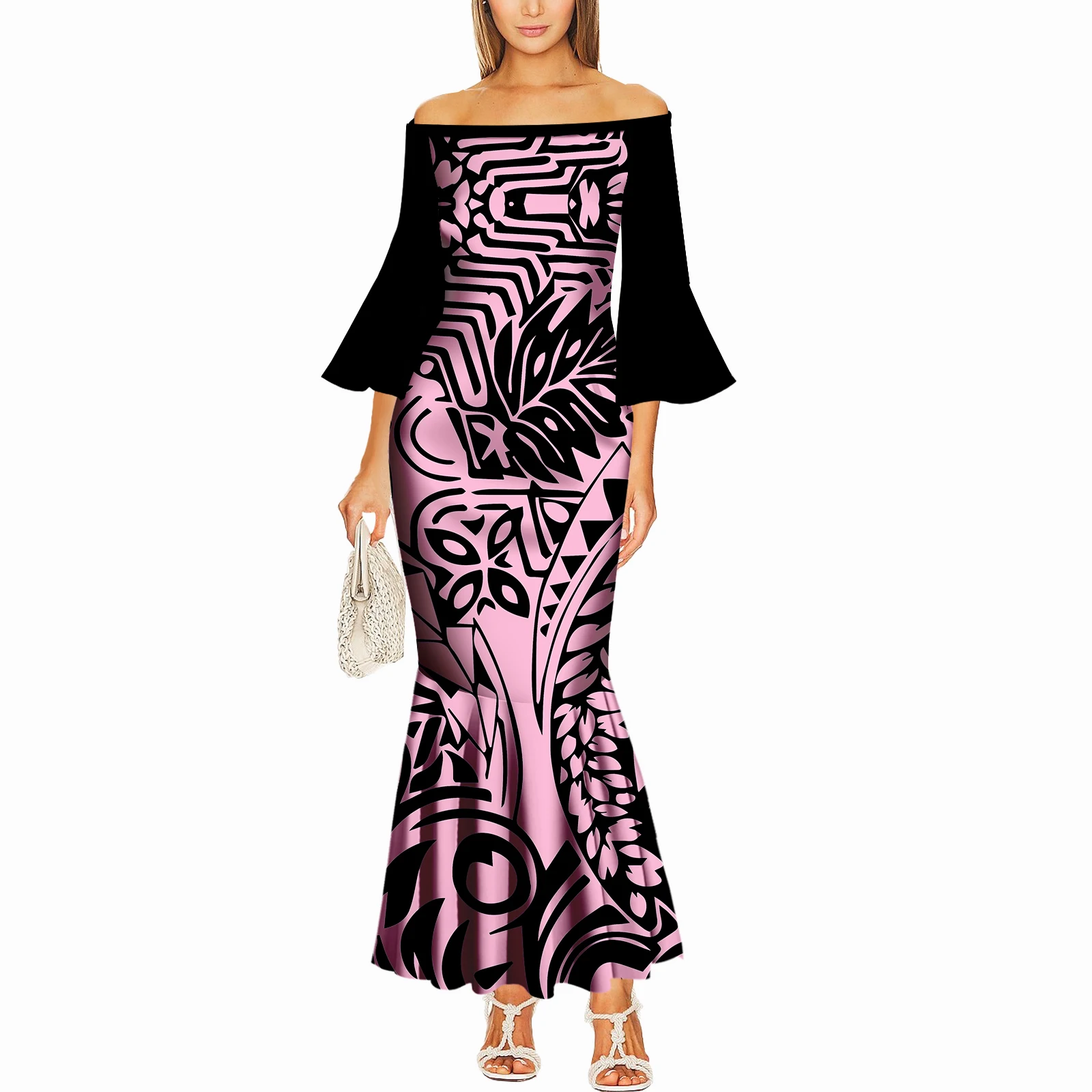 

New Elegant Fishtail Dress One-Shoulder Flared Sleeves Slimming Polynesian Custom-Made Comfortable Tribal Pattern Women'S Dress