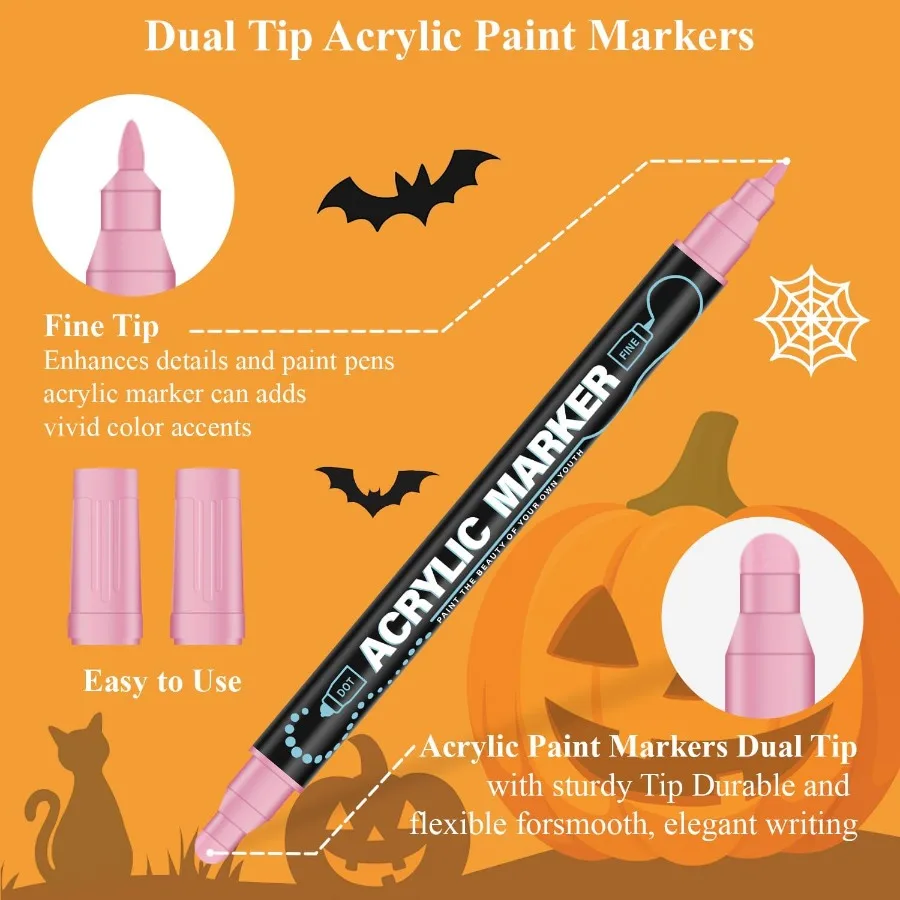 علامات طلاء أكريليك 24 لونًا مع تصميم مزدوج الشريحة لزينة الهالوين مثالية لطلاء اليقطين على لوحة الصخور الخشبية