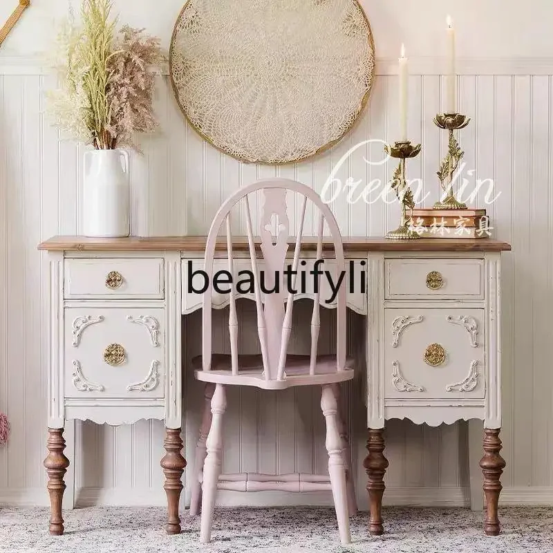 

French solid wood dresser integrated desk chair makeup table retro bedroom storage cabinet07A