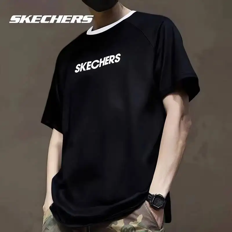 

Футболки Skechers с контрастным воротником и короткими рукавами реглан P225U124-0019/03K8, повседневные спортивные футболки с логотипом, последняя модель