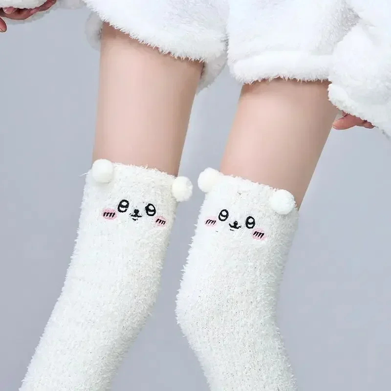 MINISO Anime Ins Kawaii Fashion Chiikawa Coral Velvet Calf Socks Winter Plus Velvet Thick Home Sleeping Stockings Gifts Toys