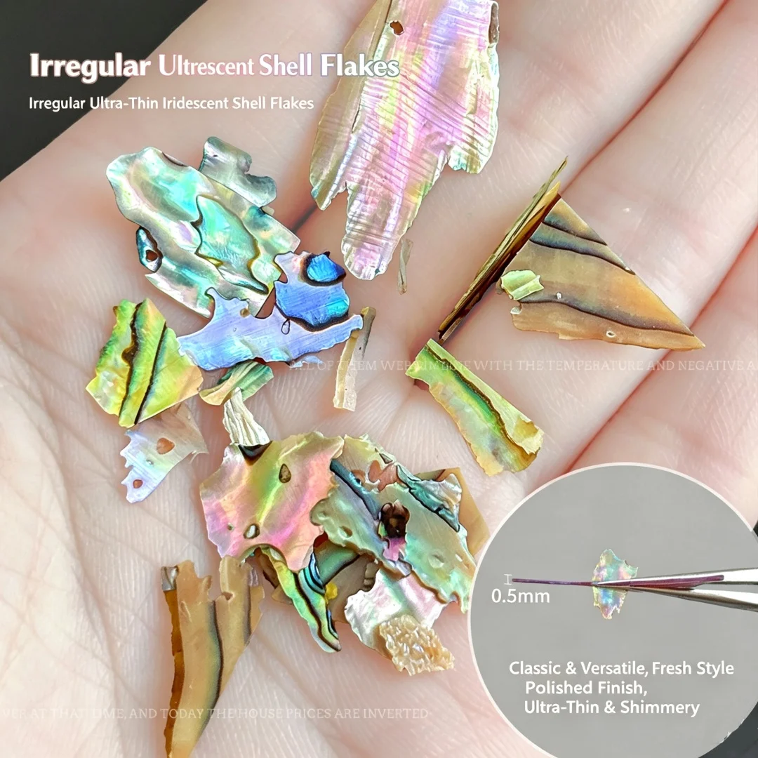 Ultra-Thin Shell Flakes for Nail Art –Irregular Iridescent Abalone Pieces, Natural Mother of Pearl Chips,DIY Manicure Decoration