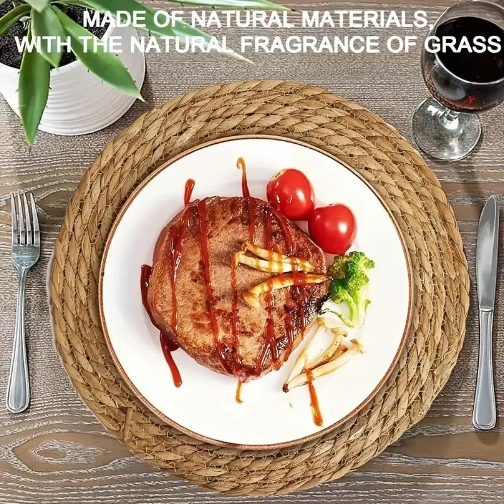 Straw Braided Round Handwoven Rattan Placemats Non-Slip Heat Resistant Natural Woven Table Mats Woven Placemats Dining Table