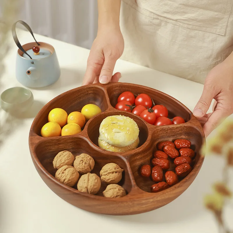 HeMu Acacia Wood Solid Wood Dried Fruit Snack Plate Solid Wood Fruit Plate Salad Bowl Multi-cell Snack Plate Chinese Style