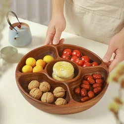 HeMu Round Wooden Compartment Tray Snack Plate for Nuts, Fruits, Cookies & Appetizers Rustic 5 Compartment Food Dish for Kitchen