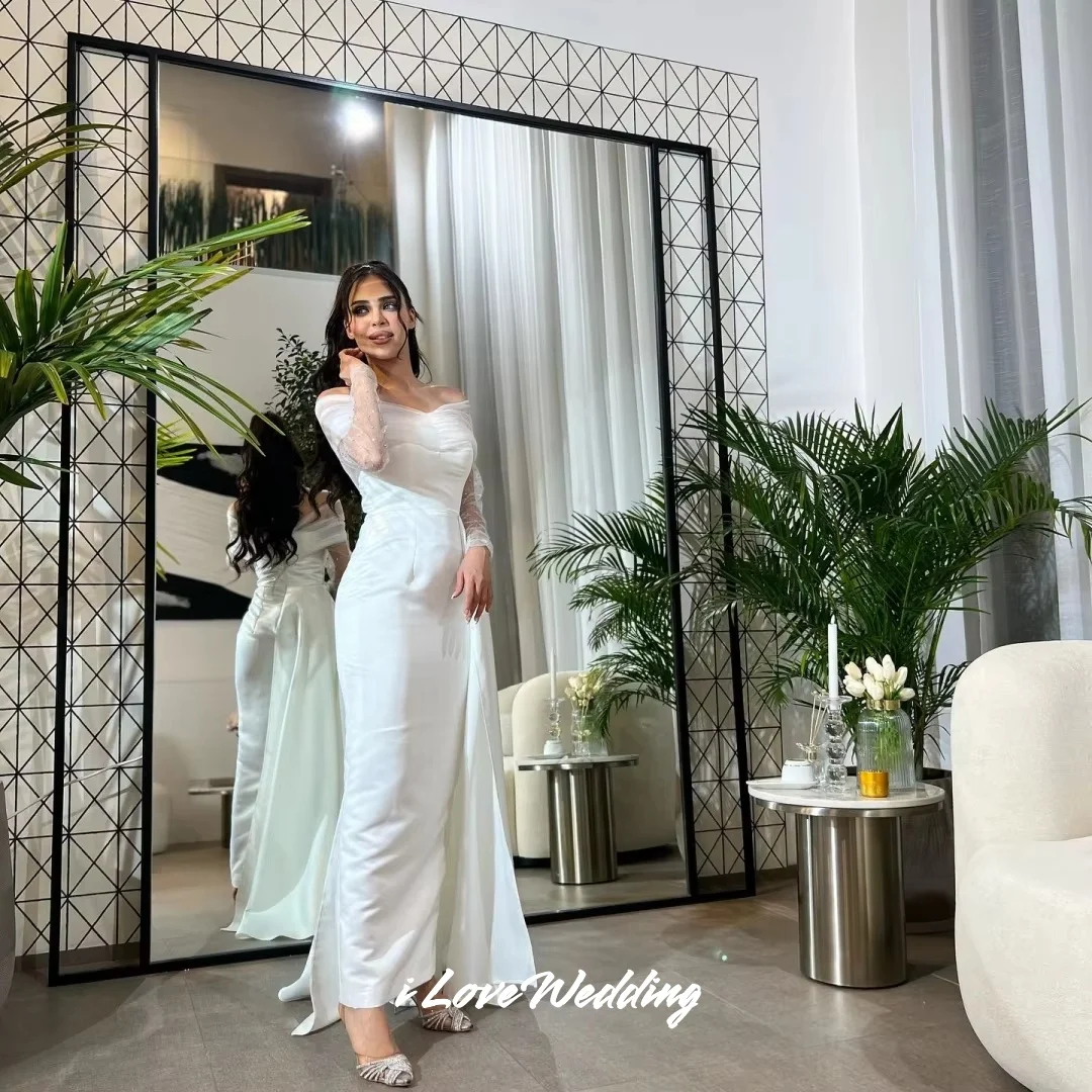 White Off Shoulder Evening Dresses 2025 Satin Long Sleeve Beaded Mermaid Ankle-Length Pleated Wedding Party Dresses Customized