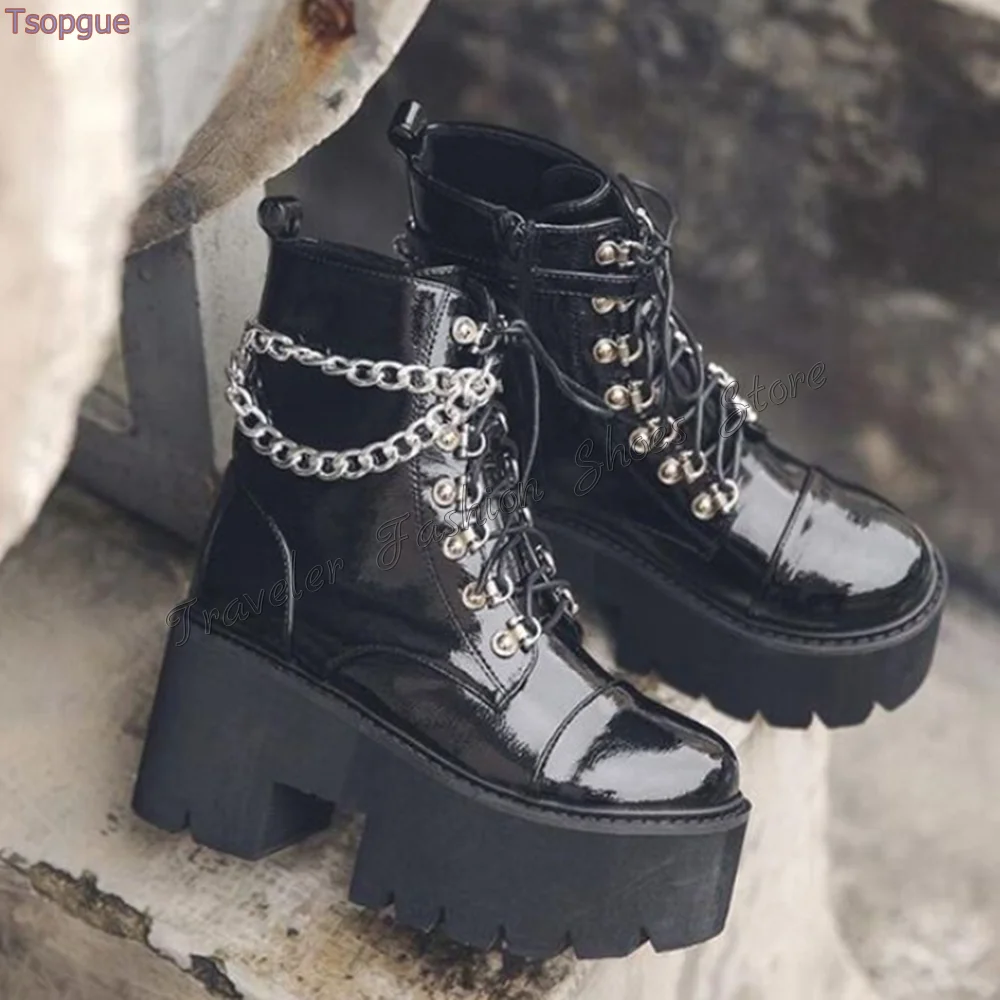 Black Lace up Chain Decor Boots Side Zipper Patent leather Ankle High Heel Shoes for Women Heels 2024 New Zapatos Para Mujere