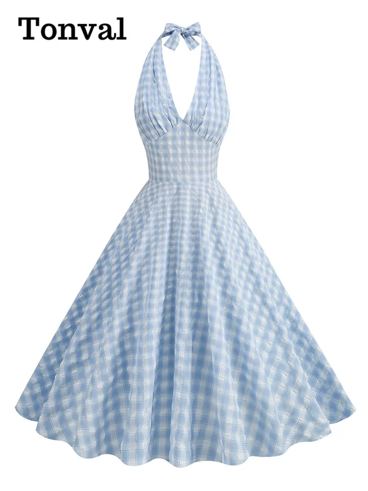 Tonval Blue and White Plaid Vintage Holiday Women Summer Dresses Sexy Halter High Waist Fit and Flare Rockabilly Dress