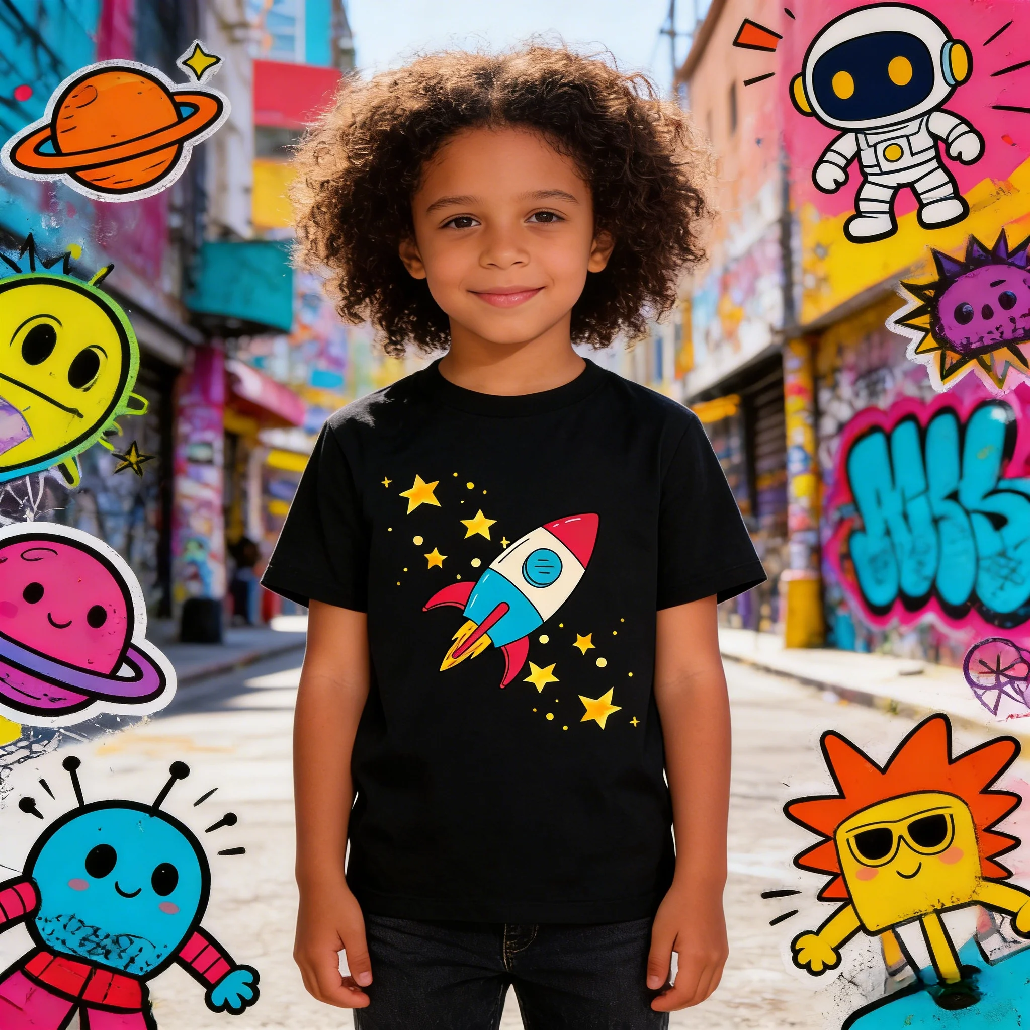 Rocket Space Theme Round Neck Casual Cotton T-Shirt Short Sleeve Loose Machine Washable for Play Sports Outdoor Daily Wear