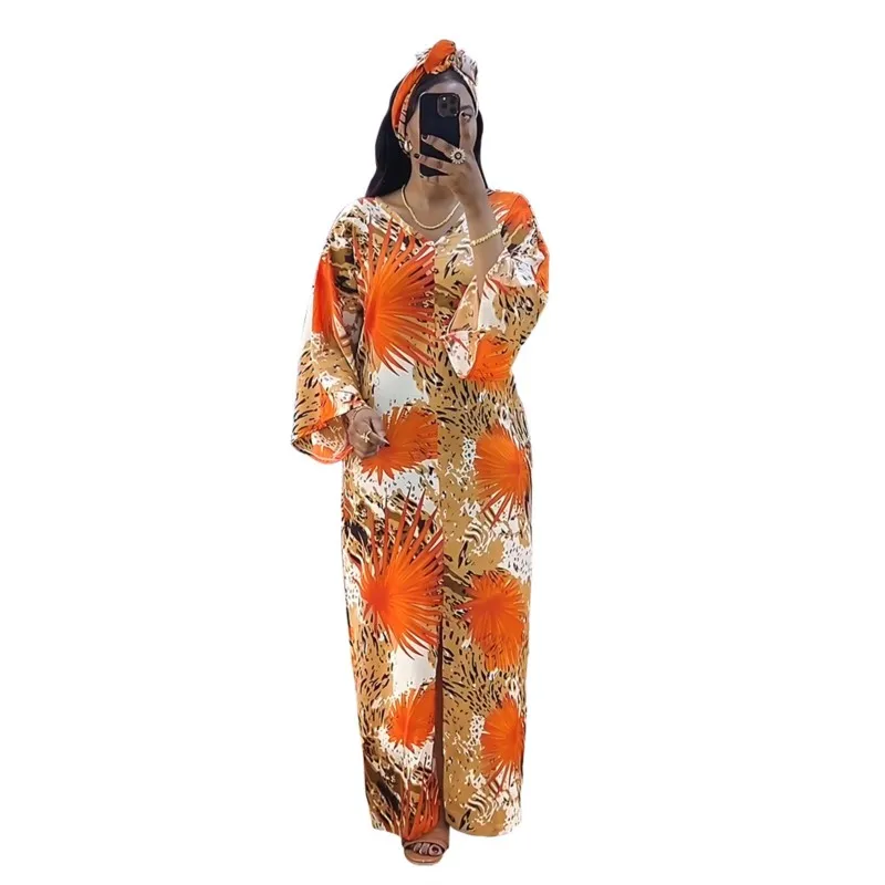 Women\'s Spring Autumn Boho Maxi Dress Fashion Print V-neck Long-sleeve Slit Casual Beach Vacation Dresses For Women Robe Femme