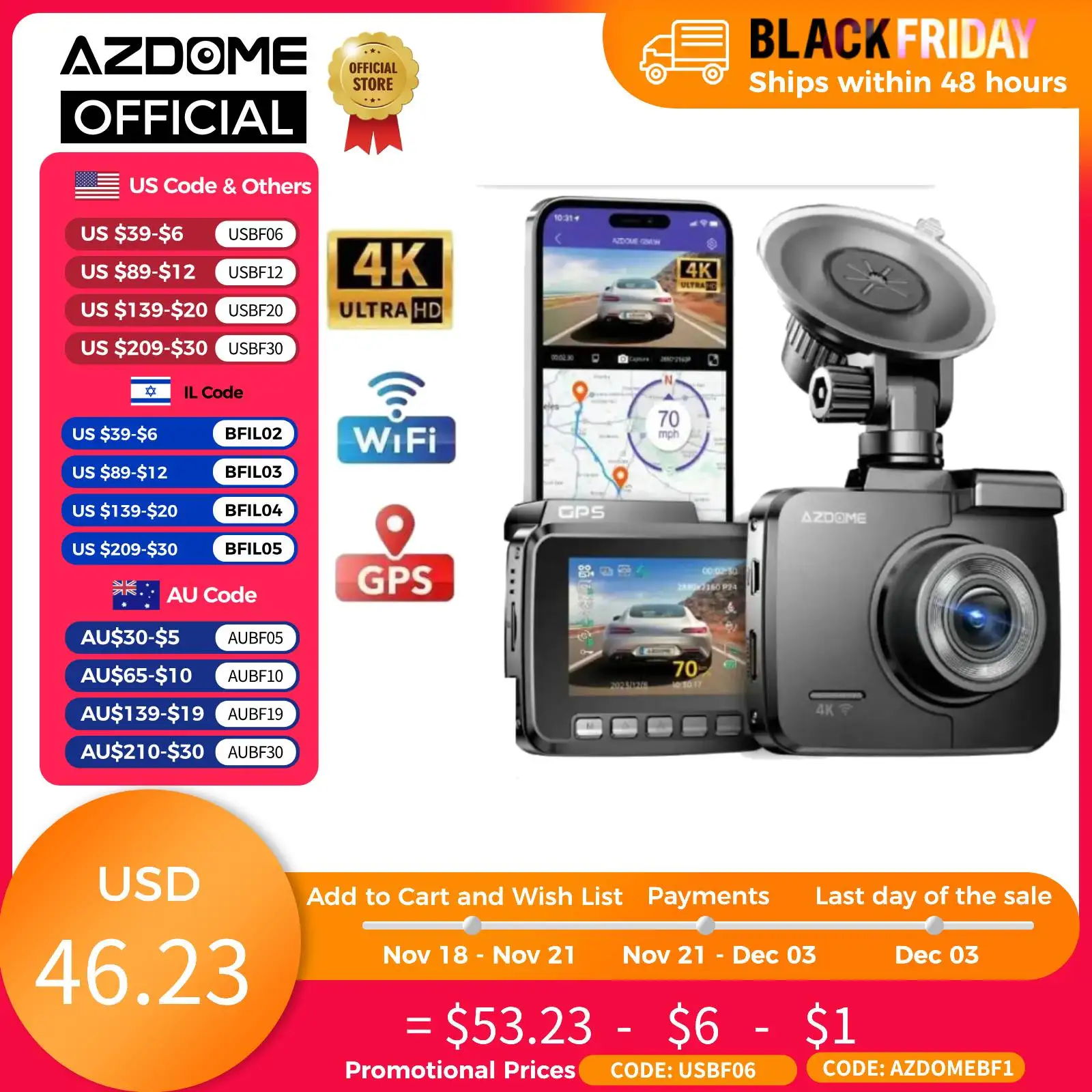 AZDOME Dash Cam GS63H Ultra HD 4K WDR 2.4