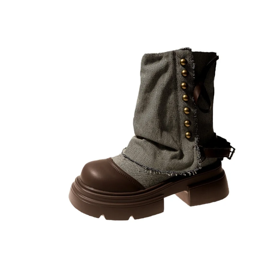 Women Boots British Fashion Pants Leg Boots New Thick Soled Rivet Zipper Belt Buckle Platform Anti Slip Cowboy Short Boots view 5