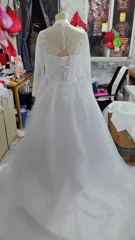 Customized Mermaid Long Sleeve Lace-up High Collar Empire Amazing Lace Real Photo Weddings Dresses
