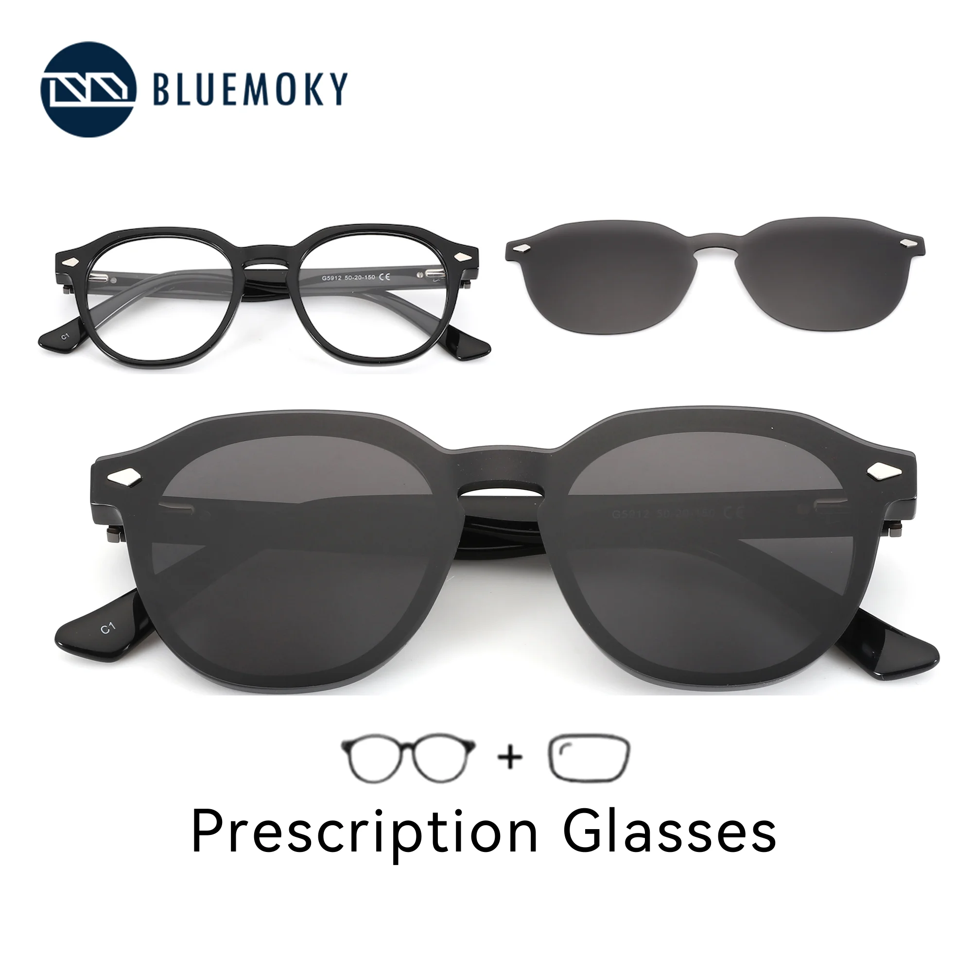 BLUEMOKY Trendy Square Acetate Clip on Prescription Glasses For Men Magnetic Myopia Graduated Eyeglasses for Progressive