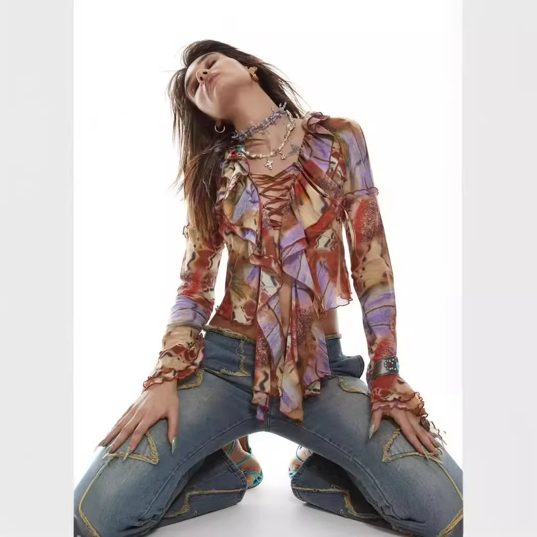 

Jaded London Floral Print Me Long Sve irt Women's Vintage Hollow out Sexy Girl Knotting Irregular Lace up Top