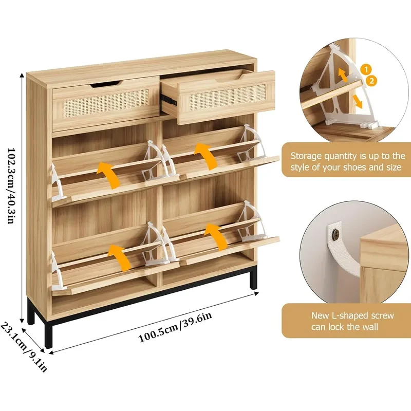 Rattan Shoe Cabinet for Entryway Boho Shoe Storage Cabinet with 4 Flip Drawers and 2 Drawers Narrow Freestanding Shoe