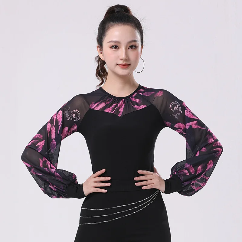 

Latin Dance Printing Top Female Sexy Performance Dancing Tops Ballroom Chacha Samba Practice Clothes Waltz Stage Dancewear Shirt