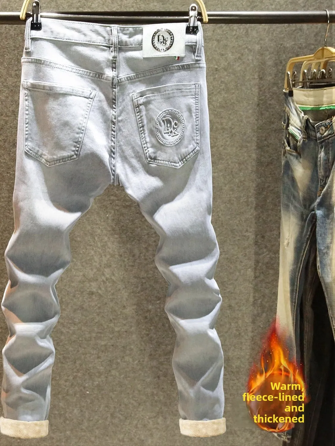 

Высококачественные мужские джинсовые джинсы Slim Fit на подкладке Thiened Ba ket с тепловым принтом, осенне-зимние повседневные длинные брюки