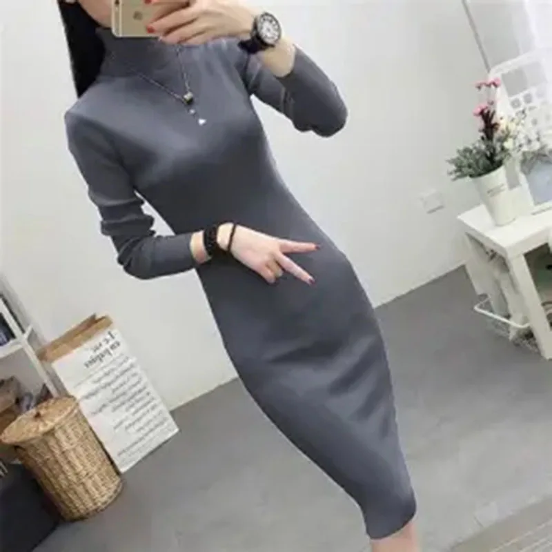 Korean Elegant Sweater Dresses for Women 2024 Sexy Turtleneck Long Sleeve Elastic Bodycon Knitted Dress Autumn Winter Clothes