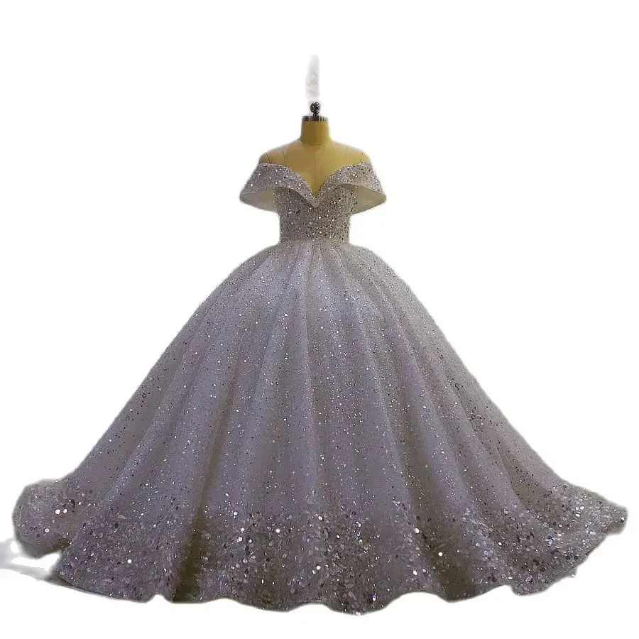 Customized Luxurious Off-Shoulder Ball Gown Wedding Dress With Shiny Beading Custom Made Bridal Gown