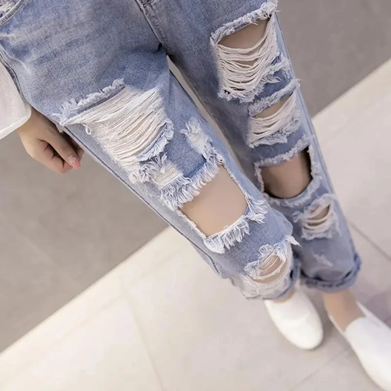 2024 Female High Waisted Hole Wide Legs Denim Pants Ladies Student Loose Straight Cylinder Nine Points Pants Women  Ripped Jeans