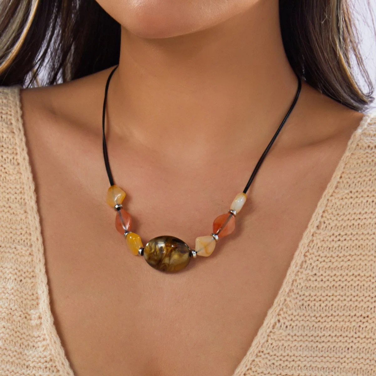 Ins Aesthetic Boho Irregular Acrylic Beads Black Rope Chain Necklace For Women Men Retro Handmade Geometric Choker Party Jewelry