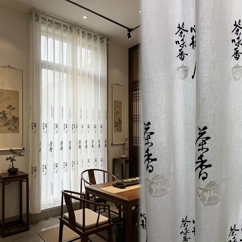 New Chinese Calligraphy Embroidery White Screen Window Screen Curtains for Living Room Balcony Tea Room Study Floor Screen