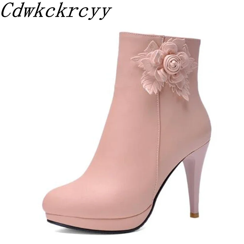 Women Boots Autumn and winter New style fashion Sweet  Flower High-heeled Short boots white Pink Apricot color Wathet size 34-43