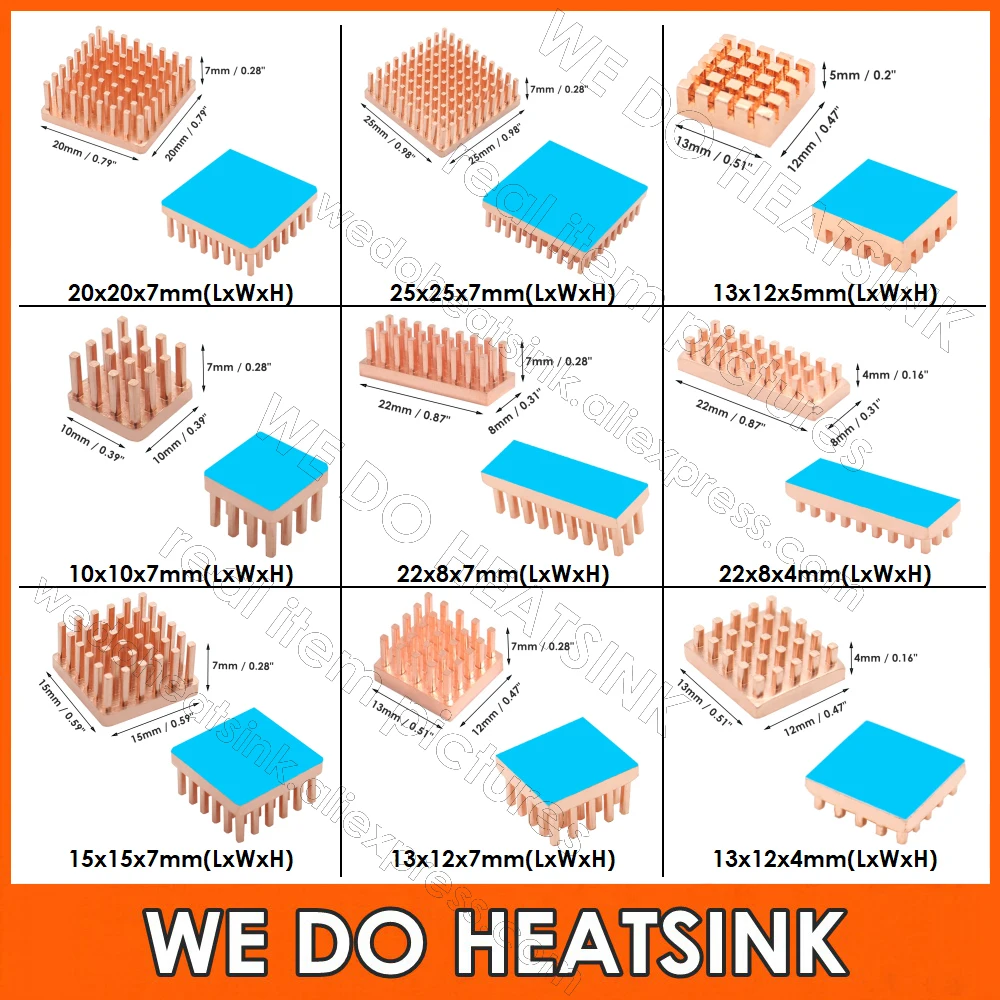 100pcs Pin Fins Pure Copper Heatsink Cooler Various Size With Thermal Tape