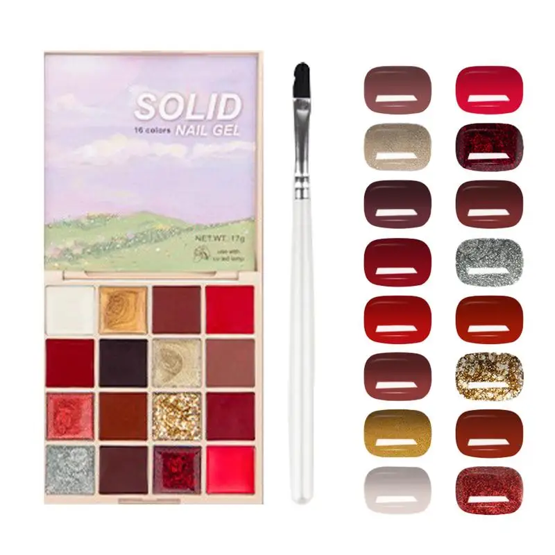 Solid Gel เล็บ 16 สีครีมเจลเล็บชุดหลากสีเจลเล็บ Palette พร้อมแปรง Solid เล็บเจล