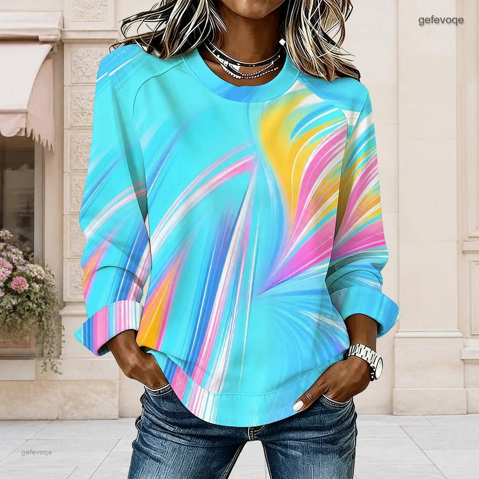 Women Abstract Swirl Stripe Printed Round Neck Long Sleeve Curved Hem Top