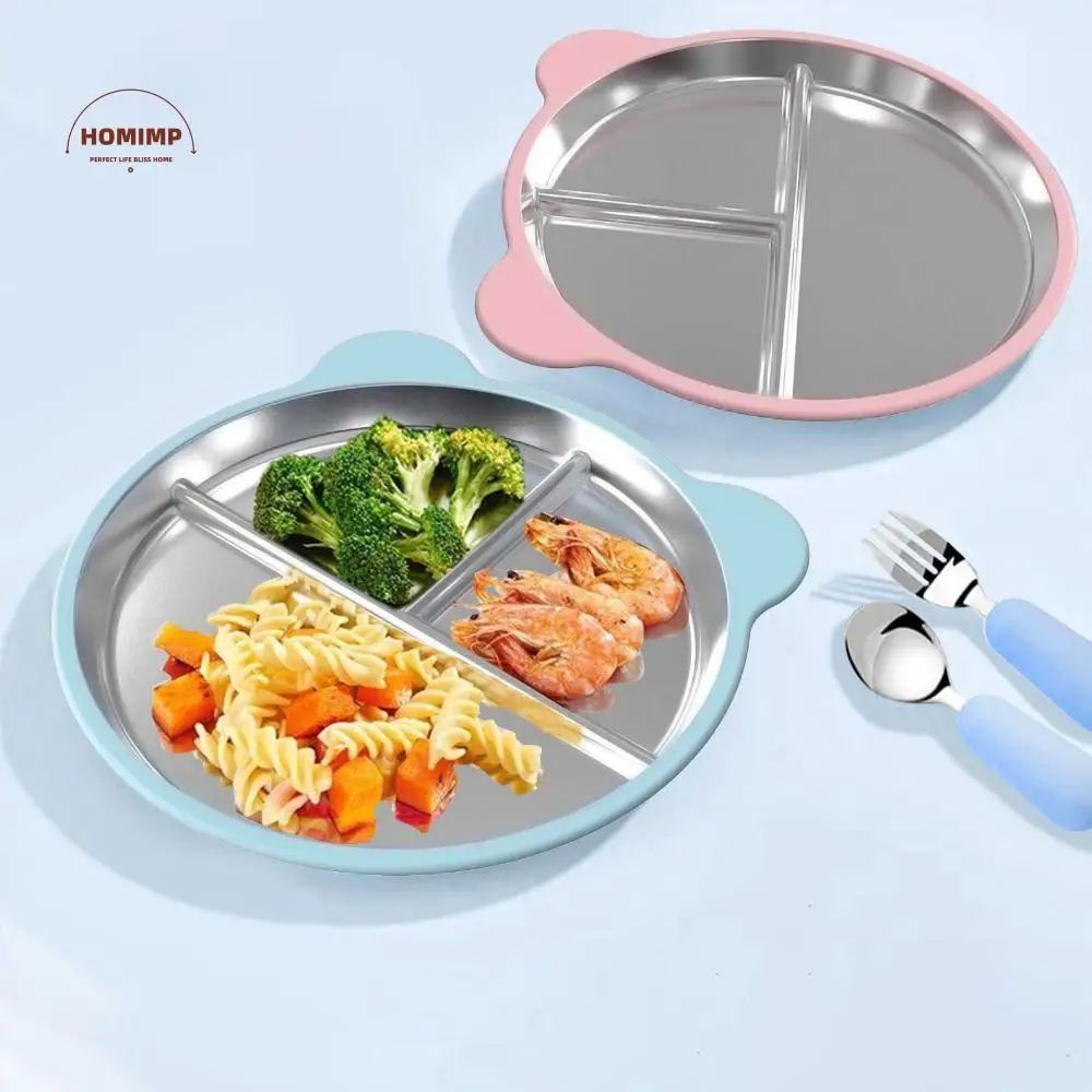 

Bear Shape Suction Cup Dining Plate 3 Grids 304 Stainless Steel Sucker Children Dishes Non-Slip Anti-flip Snack Bowl