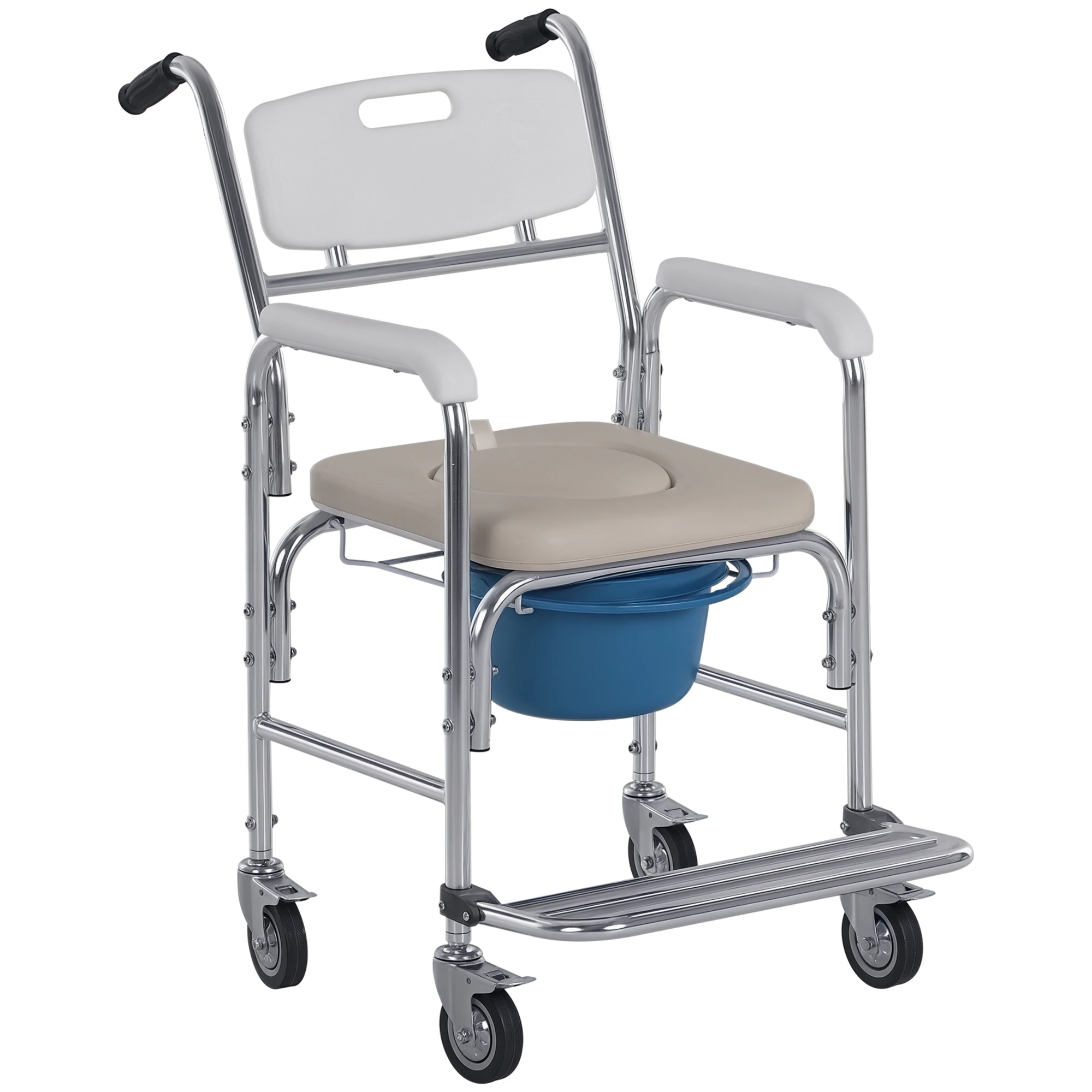 Sedia HOMCOM con rotelle innovativa - Sedia per disabili con rotelle, per doccia, con braccioli rimovibili, poggiapiedi, in acciaio cromato HDPE bianco