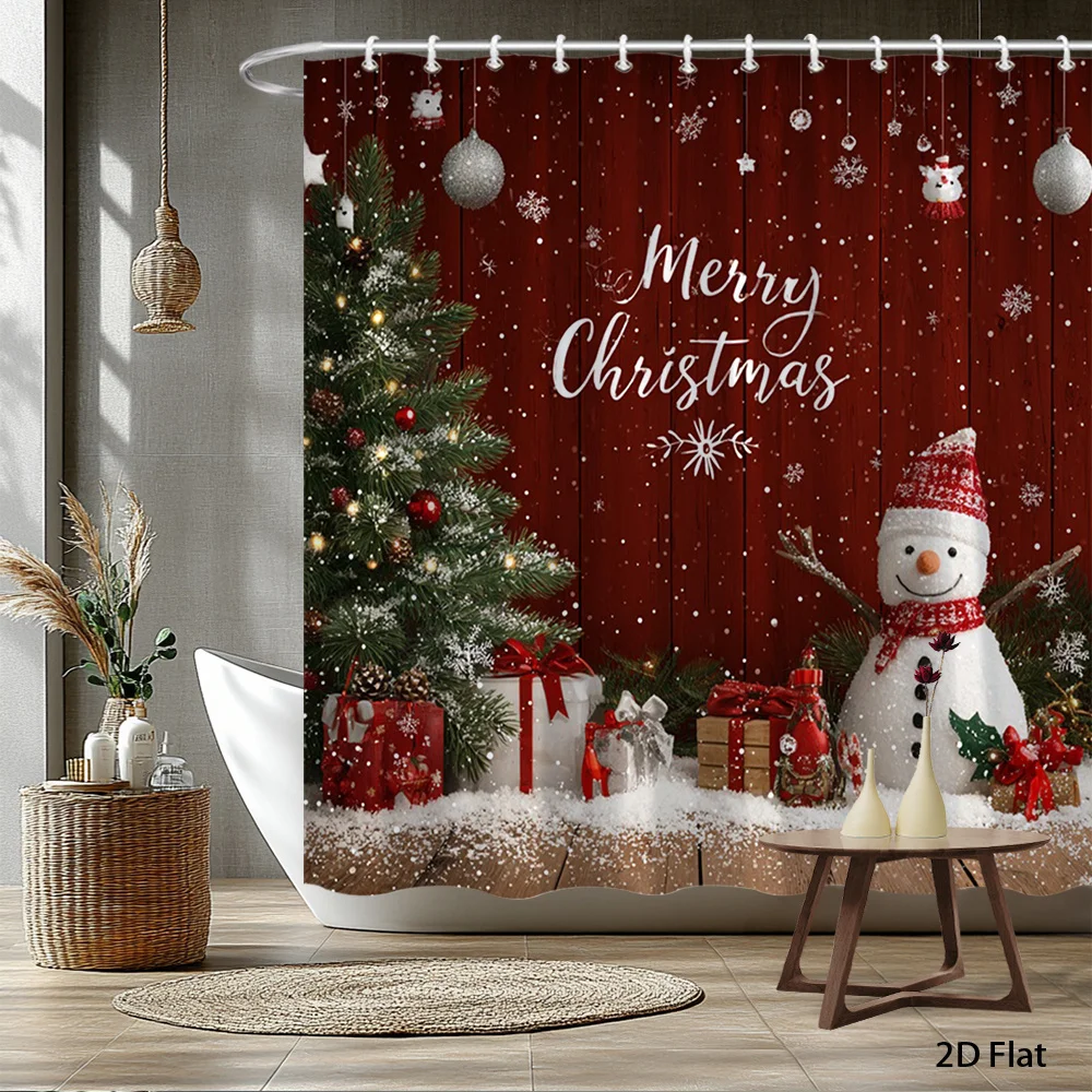 1pc 2D Flat Shower Curtain, Cheerful Snowman Pine Tree Printed Shower Curtain, Decor for Bathroom