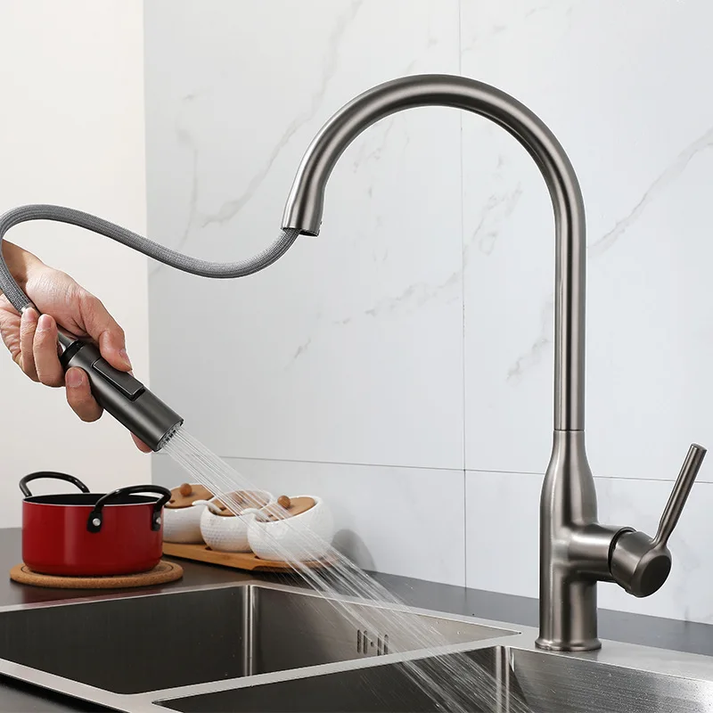 Gun Gray Pull-out Kitchen Sink Faucet Double Water Water Washbasin Sink Tap 360° Rotation Pull Out Spring Kitchen Sink Tap