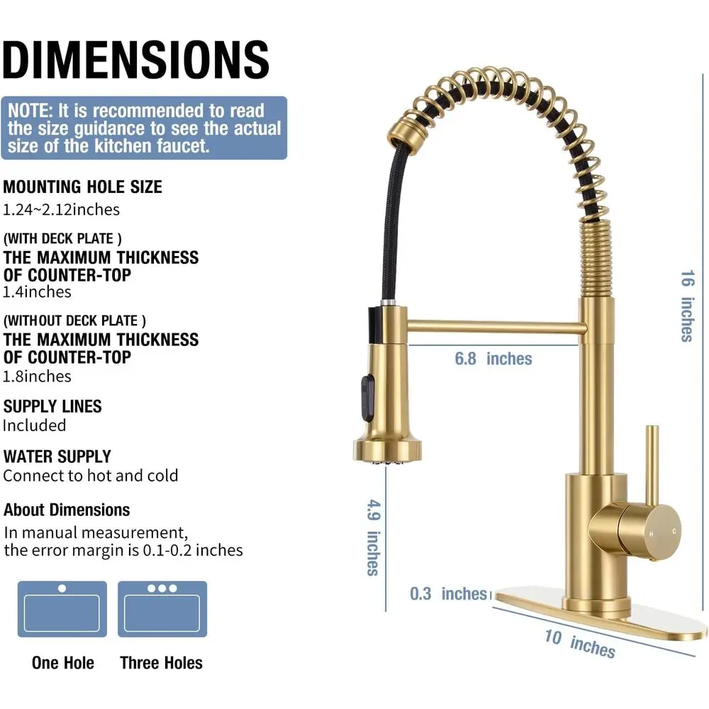High Arc Pull-Down Sprayer Faucet in Brushed Gold for Single or 3-Hole Kitchen Sinks with Deck Plate, Suitable for Farmhouse and