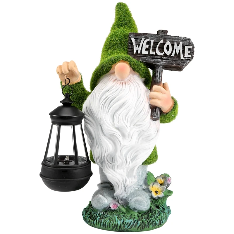 MCGS-Flocking Gnome Solar Garden Statues Outdoor Decor Flocked Gnome With Solar Lantern Figurine Dwarfs Jardim Yard Ornaments