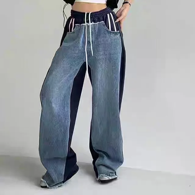 

SuperAen Korean Style Denim Patchwork Personalized Pocket Elastic Waist Fashion Jeans for Women Fashion Contrast Color Pants