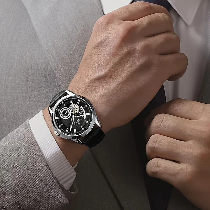 ساعة ميكانيكية بدون بطارية، عرض مؤشر، هيكل من الفولاذ المقاوم للصدأ، لف ذاتي، شاشة مضيئة، حزام من الجلد الصناعي #2