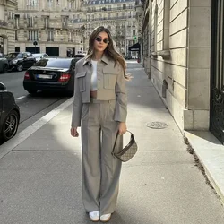 2024 Spring Summer Casual Women Solid Suits Fashion Streetwear Pockets Turn-down Collar Short Jackets Chic Wide leg pants