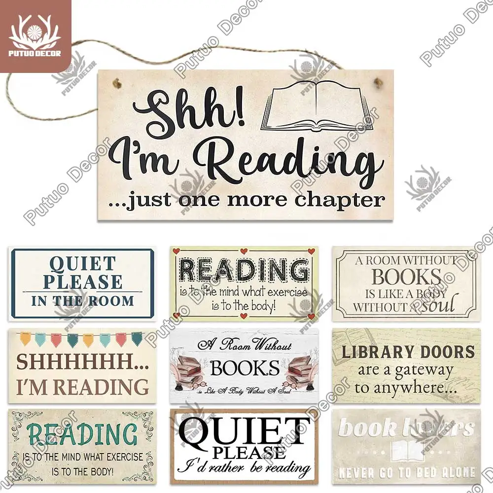 Putuo Decor Quiet Reading Wooden Signs Lovely Friendship Sign Plaques for Quiet Read Area Library Rustic Wall Decoration