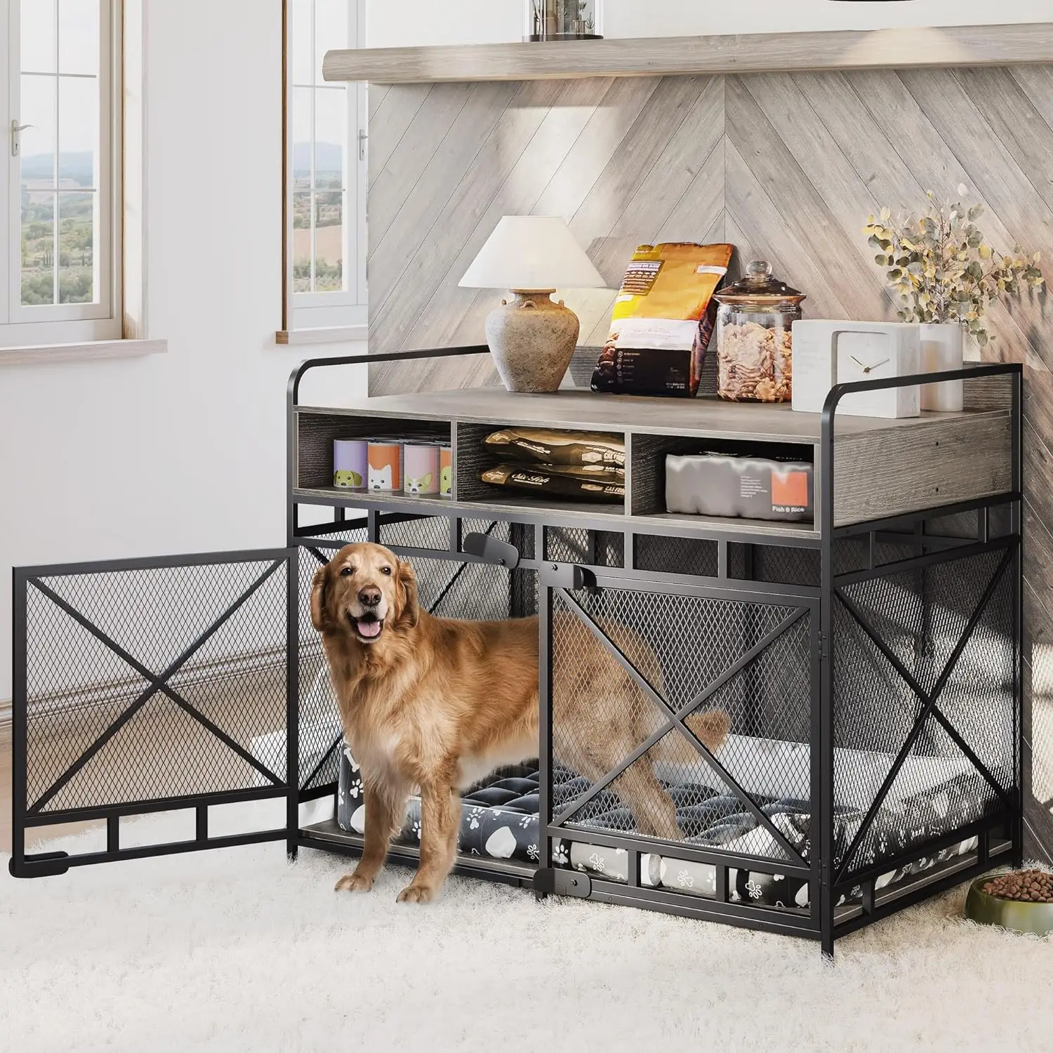 

Dog Crate Furniture,Wooden Dog Crate End Table,43 Inch Dog Kennel with 3 Drawers,Heavy Duty Crate,Decorative Pet Cra